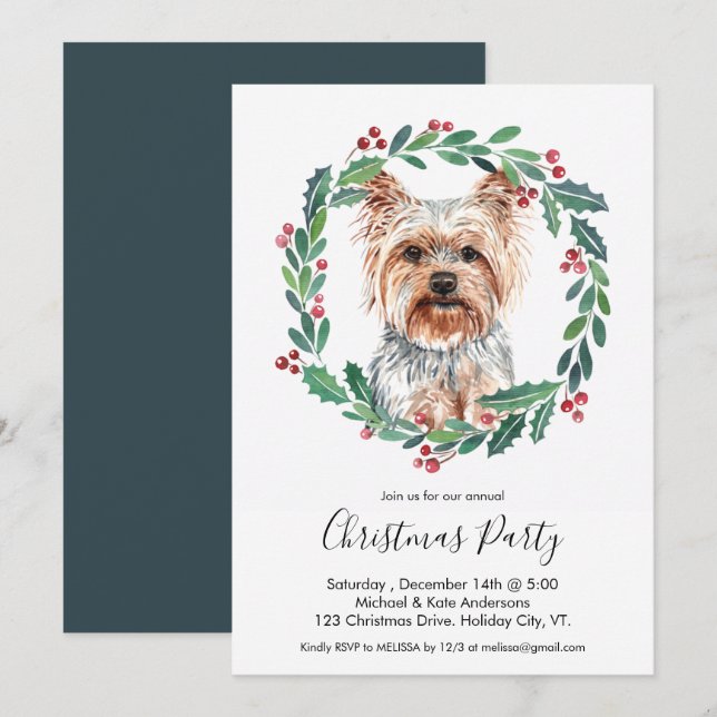 Yorkshire Terrier Cute Dog Elegant Christmas Party Invitation (Front/Back)