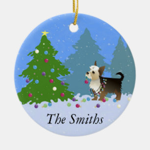 Yorkshire Terrier decorating Christmas Tree-forest Ceramic Ornament