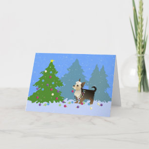 Yorkshire Terrier decorating Christmas Tree-forest Holiday Card