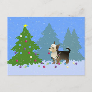 Yorkshire Terrier decorating Christmas Tree-forest Holiday Postcard