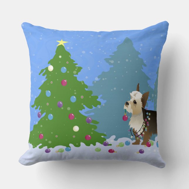 Yorkshire Terrier decorating Christmas Tree-forest Throw Pillow (Front)