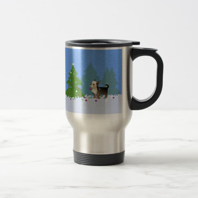 Yorkshire Terrier decorating Christmas Tree-forest Travel Mug (Right)