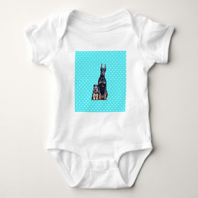 Yorkshire Terrier Doberman Blue Polka Dots Baby Bodysuit (Front)