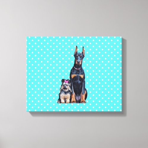 Yorkshire Terrier Doberman Blue Polka Dots Canvas Print