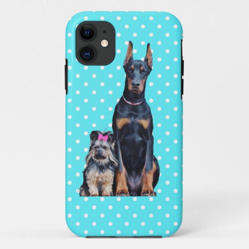 Yorkshire Terrier Doberman Blue Polka Dots iPhone 11 Case