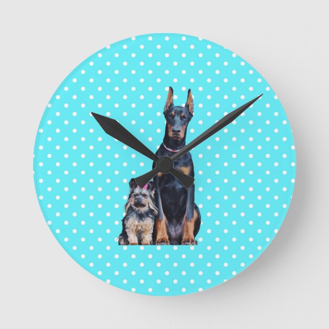 Yorkshire Terrier Doberman Blue Polka Dots Round Clock (Front)