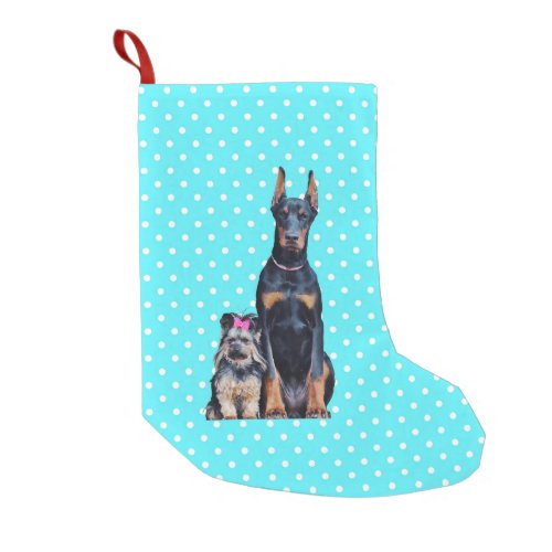 Yorkshire Terrier Doberman Blue Polka Dots Small Christmas Stocking