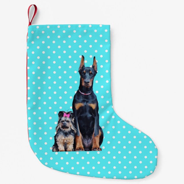Yorkshire Terrier Doberman Blue Polka Dots Small Christmas Stocking (Front)