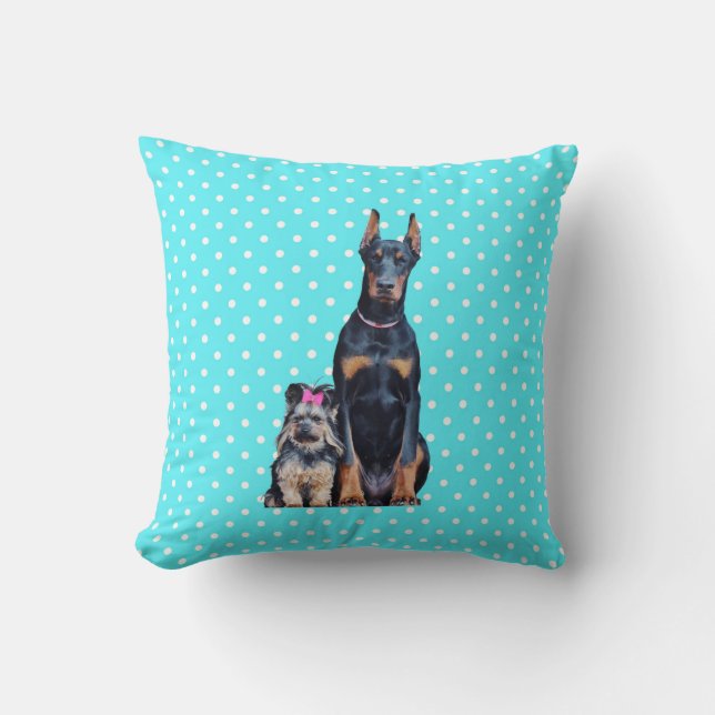 Yorkshire Terrier Doberman Blue Polka Dots Throw Pillow (Front)