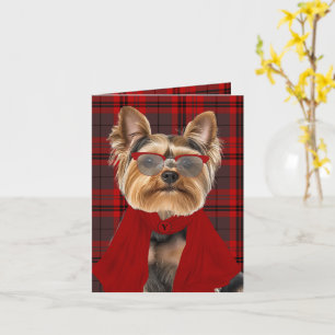 Yorkshire Terrier Dog and Red Plaid Monogrammed Card