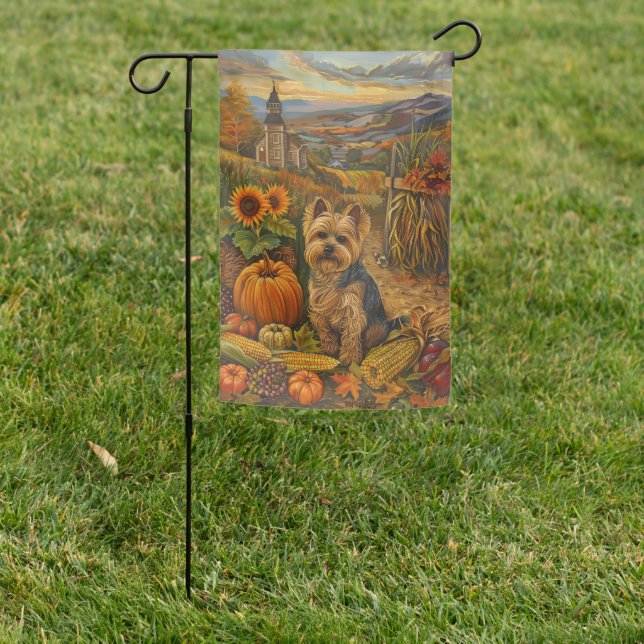 Yorkshire Terrier Dog Autumn Harvest Thanksgiving Garden Flag (In SItu)