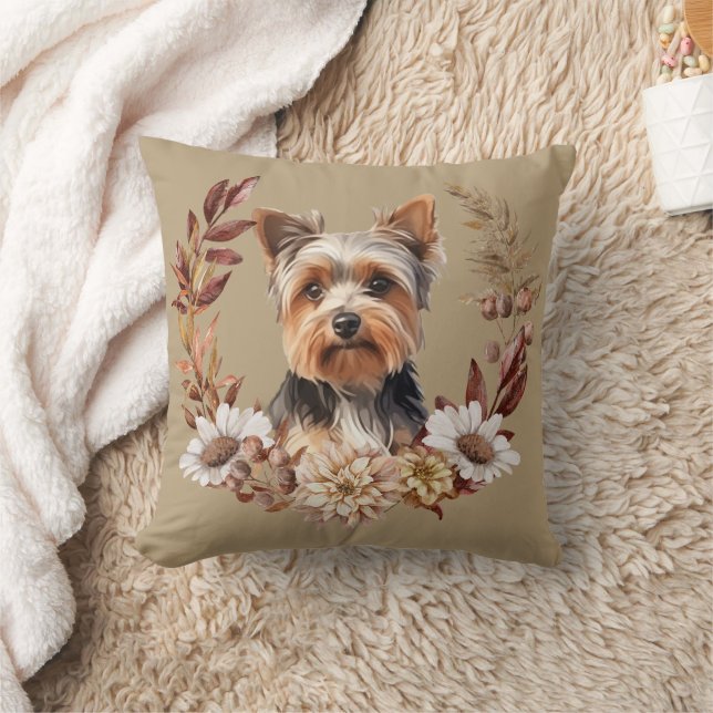 Yorkshire Terrier Dog Autumn Wreath Throw Pillow (Blanket)
