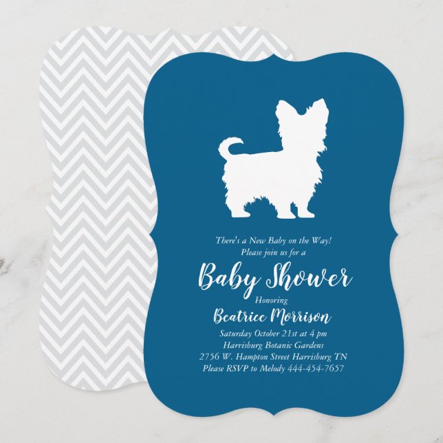 Yorkshire Terrier Dog Baby Shower Blue Boy Invitation (Front/Back)