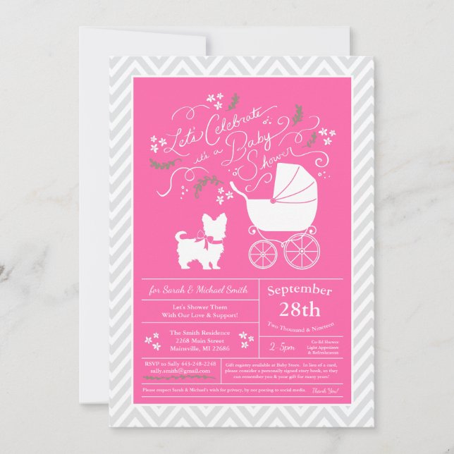 Yorkshire Terrier Dog Baby Shower Pink Girl Invitation (Front)