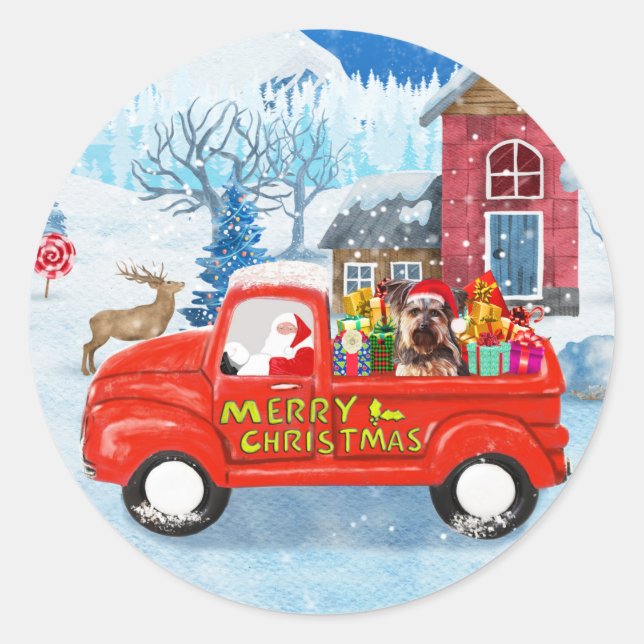 Yorkshire Terrier Dog Christmas Delivery Truck Classic Round Sticker (Front)