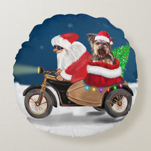 Yorkshire Terrier Dog Christmas Santa Claus  Round Pillow