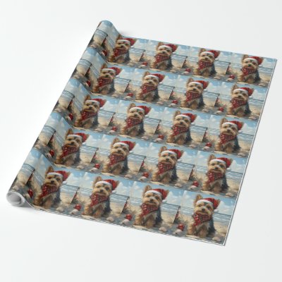 Yorkshire Terrier Dog Christmas Vintage Beach  Wrapping Paper