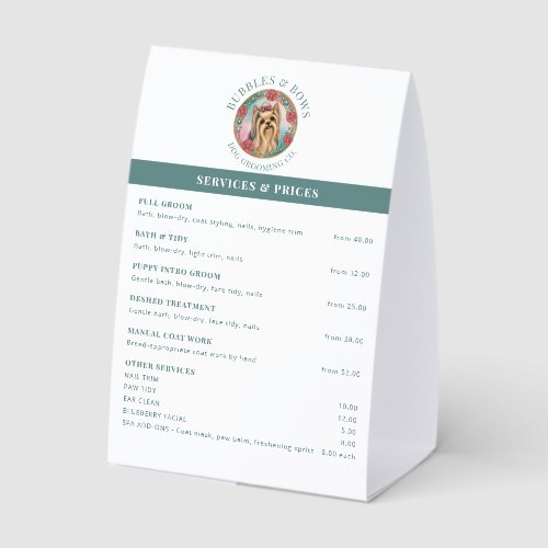 Yorkshire Terrier Dog Grooming Price Tent Card Paper Table Tent
