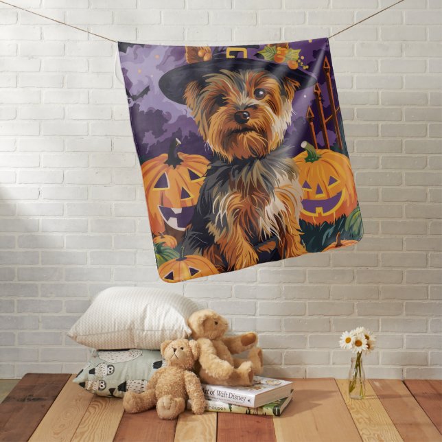Yorkshire Terrier Dog Halloween Witch And Pumpkin  Baby Blanket (In Situ)