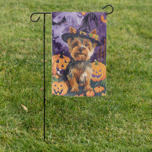 Yorkshire Terrier Dog Halloween Witch And Pumpkin  Garden Flag