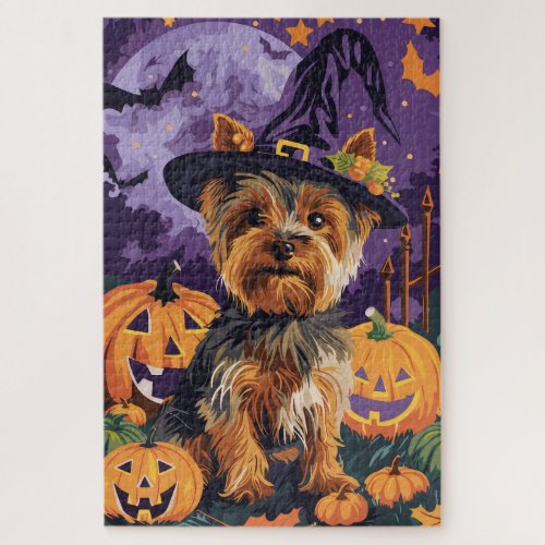 Yorkshire Terrier Dog Halloween Witch And Pumpkin  Jigsaw Puzzle