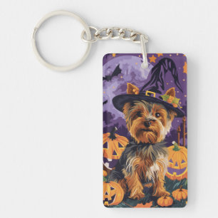 Yorkshire Terrier Dog Halloween Witch And Pumpkin Keychain