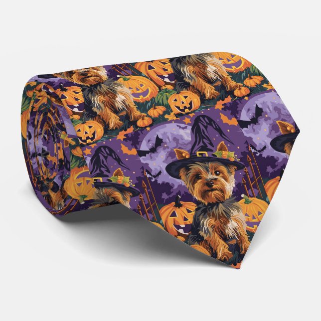 Yorkshire Terrier Dog Halloween Witch And Pumpkin  Neck Tie (Rolled)