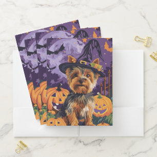 Yorkshire Terrier Dog Halloween Witch And Pumpkin  Pocket Folder
