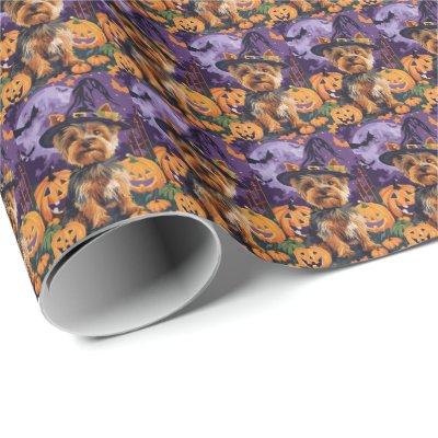Yorkshire Terrier Dog Halloween Witch And Pumpkin  Wrapping Paper