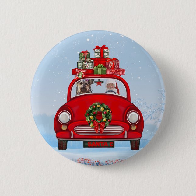 Yorkshire Terrier Dog In Car With Santa Claus  Button (Front)