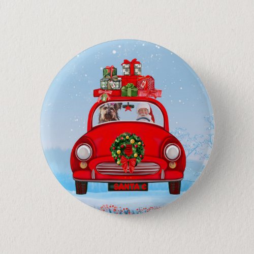 Yorkshire Terrier Dog In Car With Santa Claus  Button