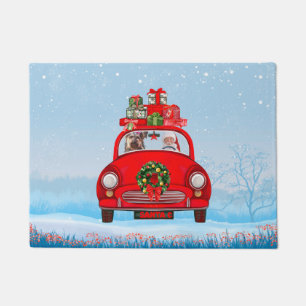 Yorkshire Terrier Dog In Car With Santa Claus Doormat