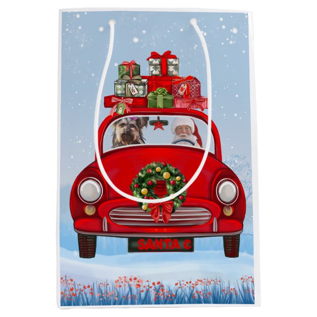 Yorkshire Terrier Dog In Car With Santa Claus Medium Gift Bag (Front)
