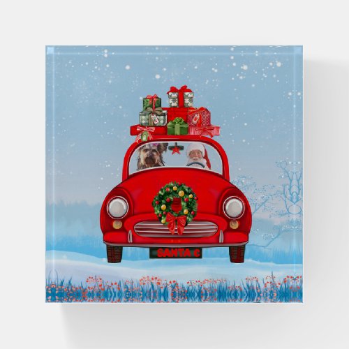 Yorkshire Terrier Dog In Car With Santa Claus  Paperweight