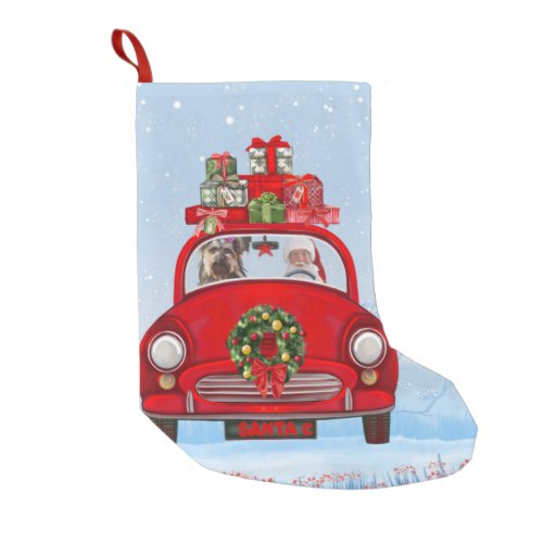 Yorkshire Terrier Dog In Car With Santa Claus  Small Christmas Stocking