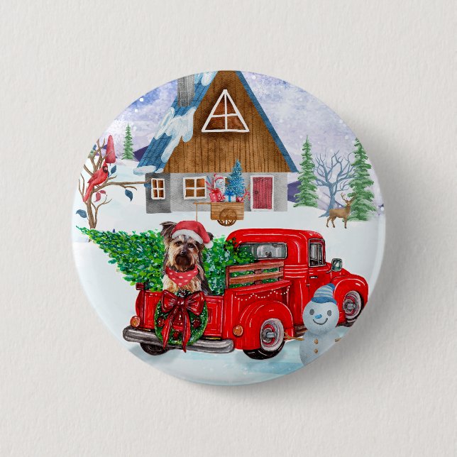 Yorkshire Terrier Dog In Christmas Delivery Truck Button (Front)