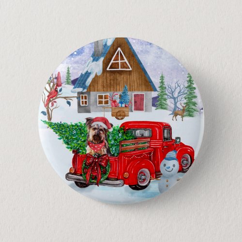 Yorkshire Terrier Dog In Christmas Delivery Truck Button