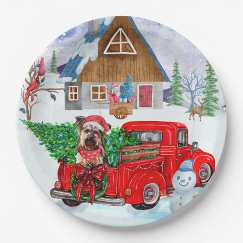 Yorkshire Terrier Dog In Christmas Delivery Truck Paper Plates
