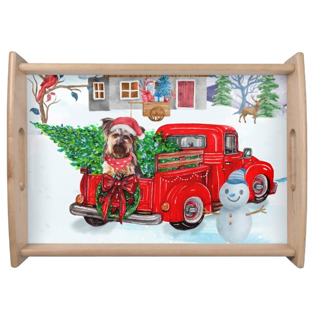 Yorkshire Terrier Dog In Christmas Delivery Truck Serving Tray (Front)
