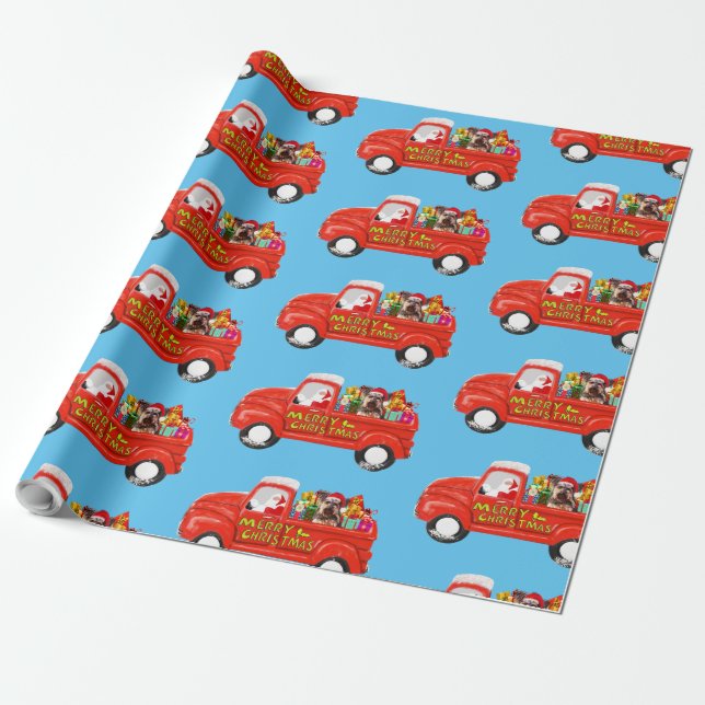 Yorkshire Terrier Dog in Christmas Delivery Truck Wrapping Paper (Unrolled)