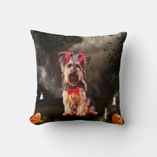 Yorkshire Terrier Dog in Halloween Costume Throw Pillow (Front)