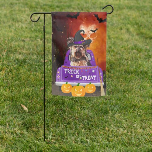yorkshire terrier Dog in Halloween Truck Garden Flag