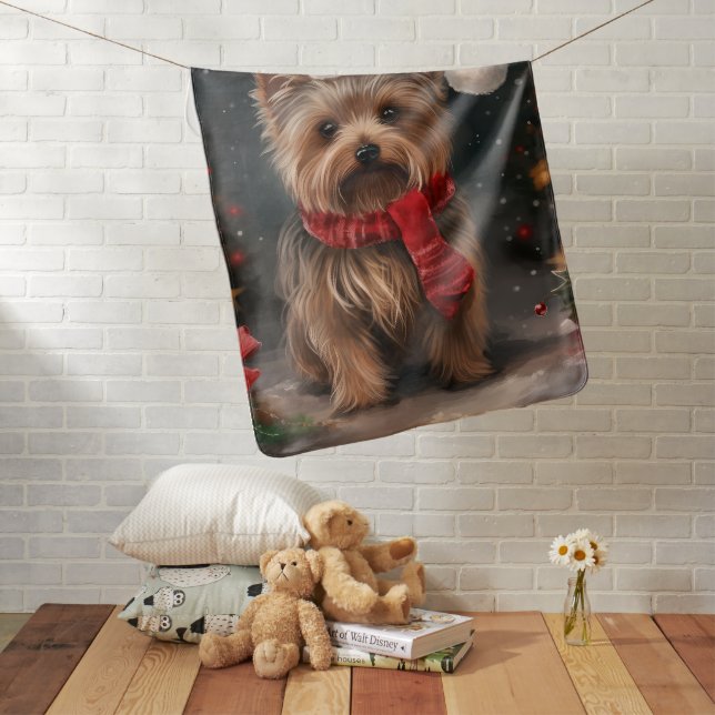 Yorkshire Terrier Dog in Snow Christmas Baby Blanket (In Situ)