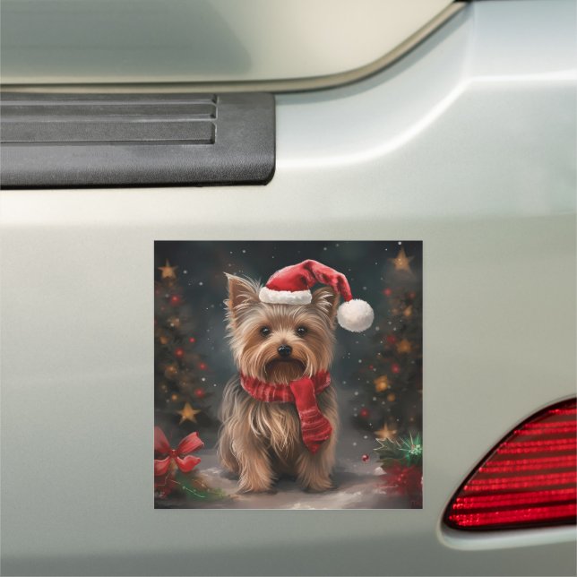 Yorkshire Terrier Dog in Snow Christmas Car Magnet (In Situ)