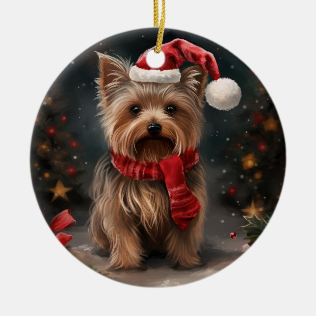 Yorkshire Terrier Dog in Snow Christmas Ceramic Ornament (Front)