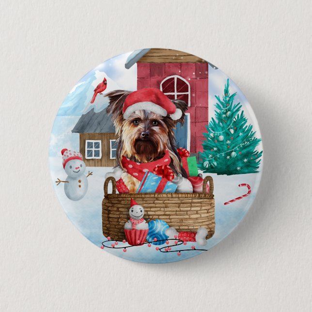 Yorkshire Terrier Dog In snow Christmas Dog House Button (Front)