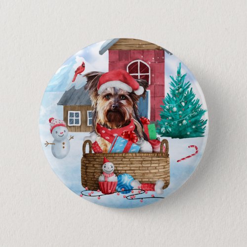 Yorkshire Terrier Dog In snow Christmas Dog House Button