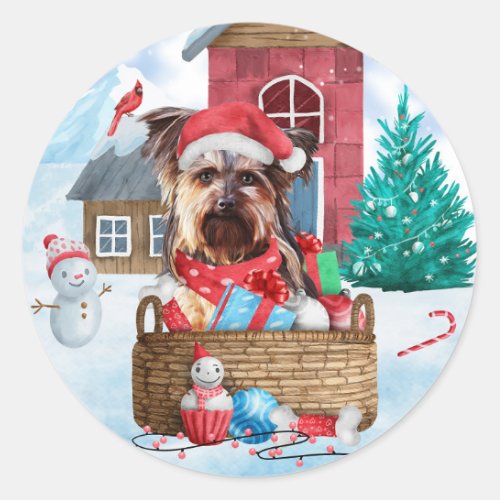 Yorkshire Terrier Dog In snow Christmas Dog House Classic Round Sticker