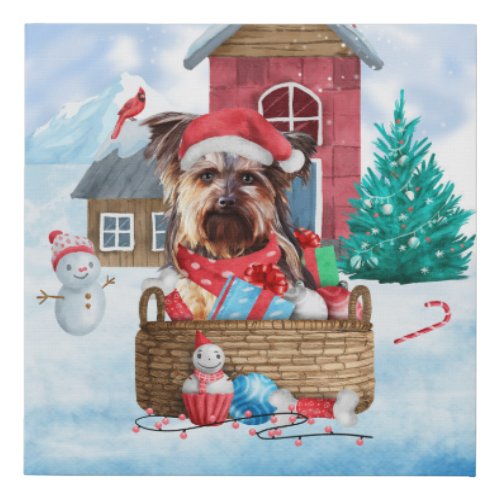 Yorkshire Terrier Dog In snow Christmas Dog House Faux Canvas Print