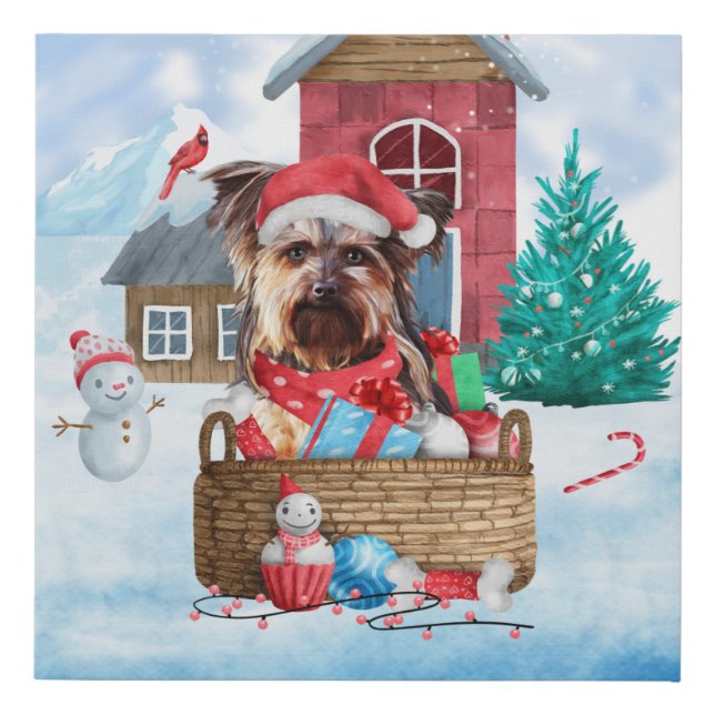 Yorkshire Terrier Dog In snow Christmas Dog House Faux Canvas Print (Front)